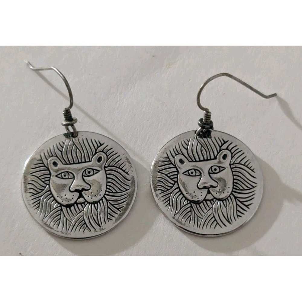 Laurel Burch Silver Tone Lion Face Dangle Pierced Earrings Vintage Signed EUC